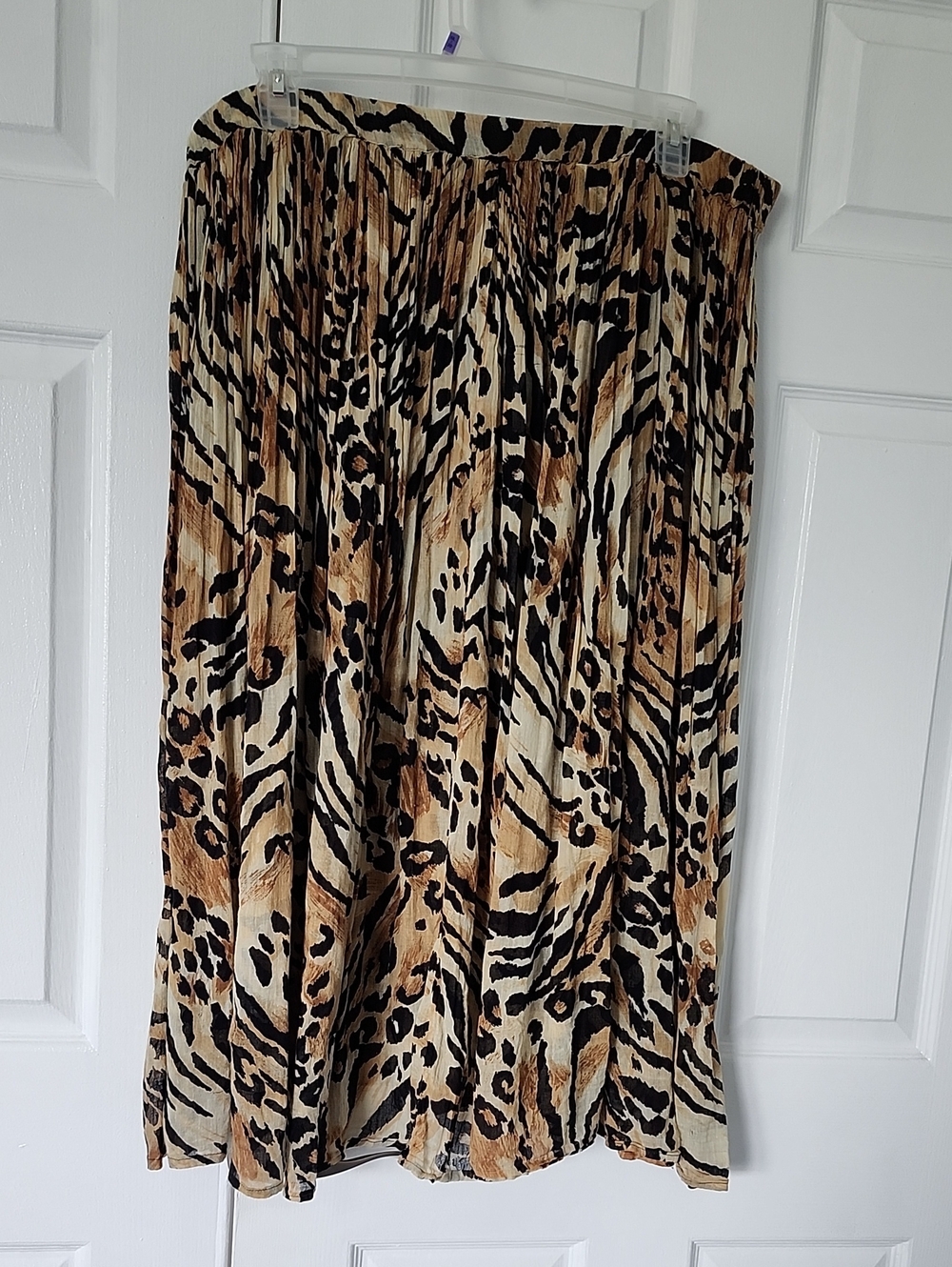 Pleated Animal-Print Midi Skirt in Tan and Black